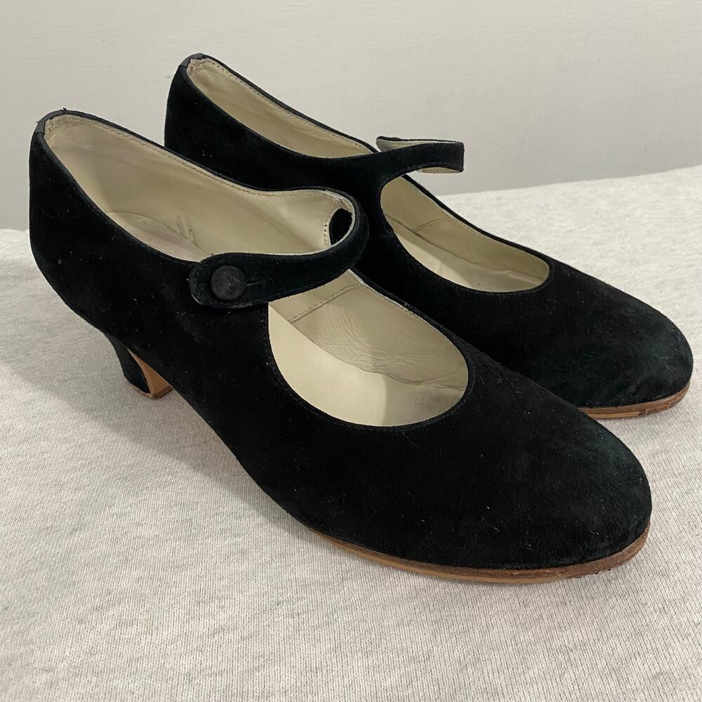 Ball Pilmar Black Suede Flamenco Shoes Mary Jane Button Spain EU 38.5